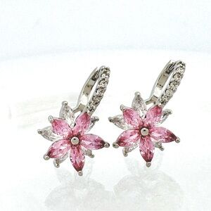 Pink Crystal Double Flower Jeweled Drop Earrings